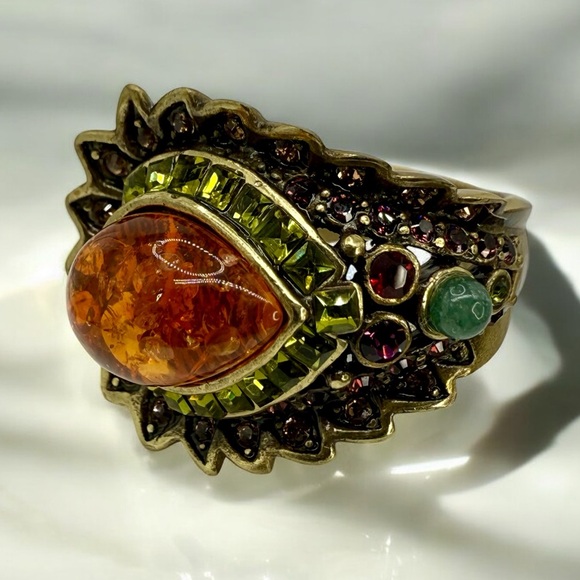 Vintage Heidi Daus Statement Ring – Amber Cabochon w Multi-Color Crystals Sz 7